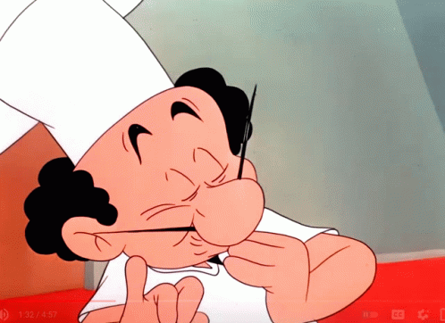 A cartoon chef in a tall white hat closes his eyes, kisses his bunched fingertips and flicks them open