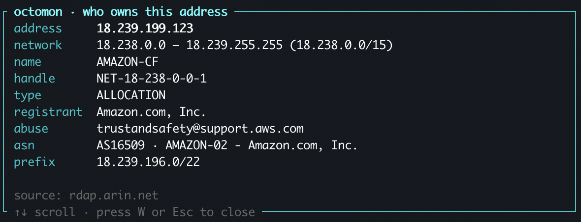 octomon's whois overlay, titled who owns this address, for 18.239.199.123: network 18.238.0.0/15, name AMAZON-CF, type ALLOCATION, registrant Amazon.com, Inc., abuse trustandsafety@support.aws.com, ASN AS16509 AMAZON-02, prefix 18.239.196.0/22, source rdap.arin.net.