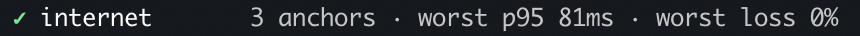 The internet rung of the analysis ladder: a green tick, the word internet, and the detail 3 anchors, worst p95 81ms, worst loss 0%