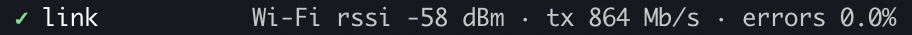 The link rung of the analysis ladder: a green tick, the word link, and the detail Wi-Fi rssi -58 dBm, tx 864 Mb/s, errors 0.0%