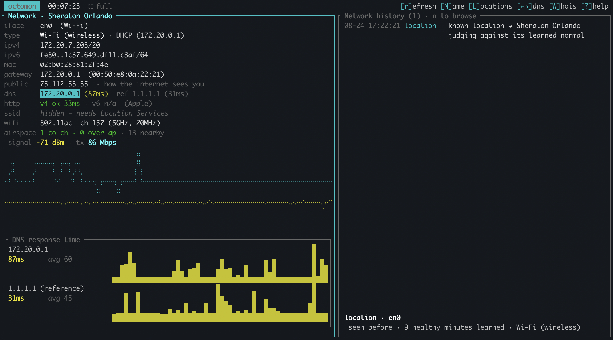the Network panel: interface details, DNS timings and Wi-Fi signal